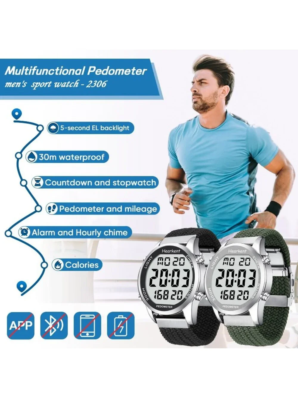 Men's Black Waterproof Fitness Step Mileage & Calorie Backlight Wrist Watches